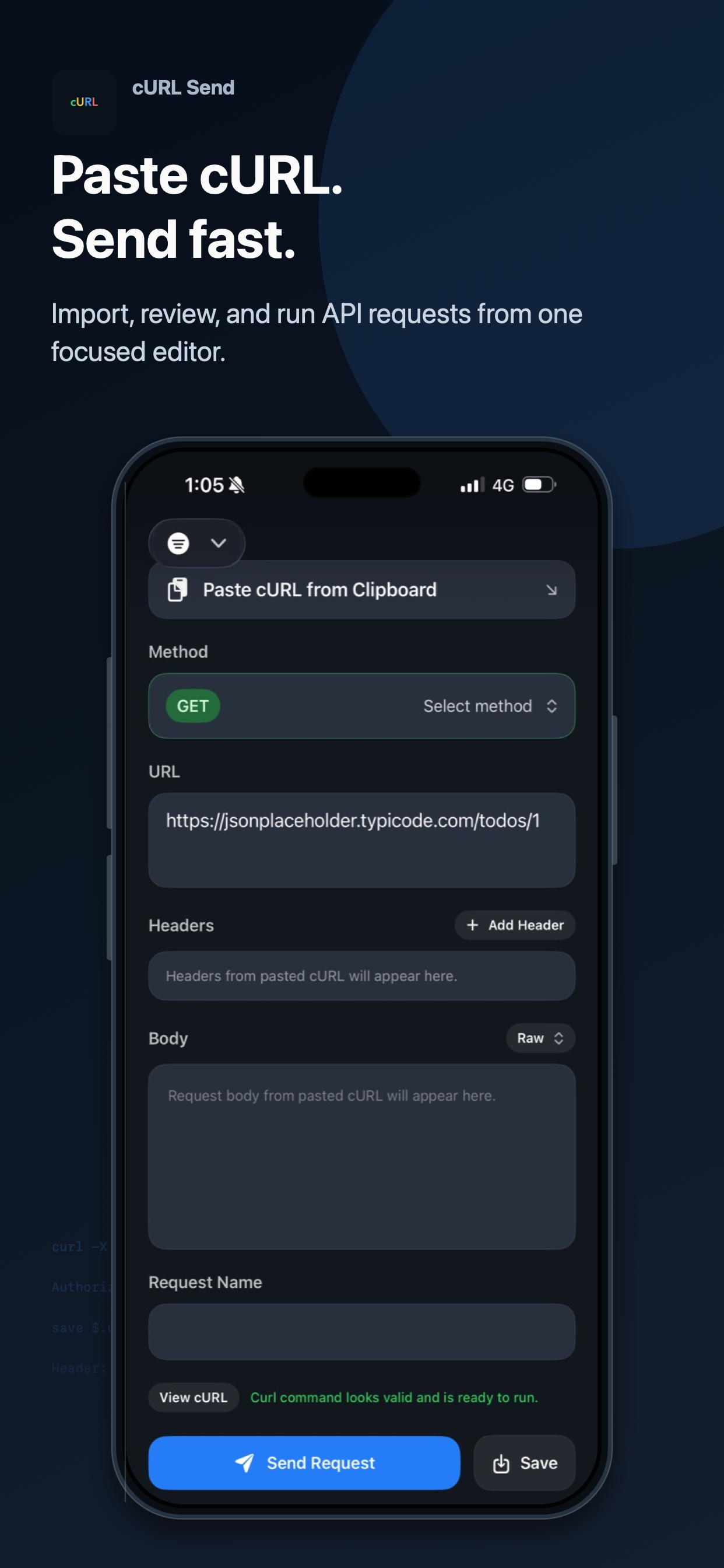 cURL Send request editor showing a pasted request ready to send.