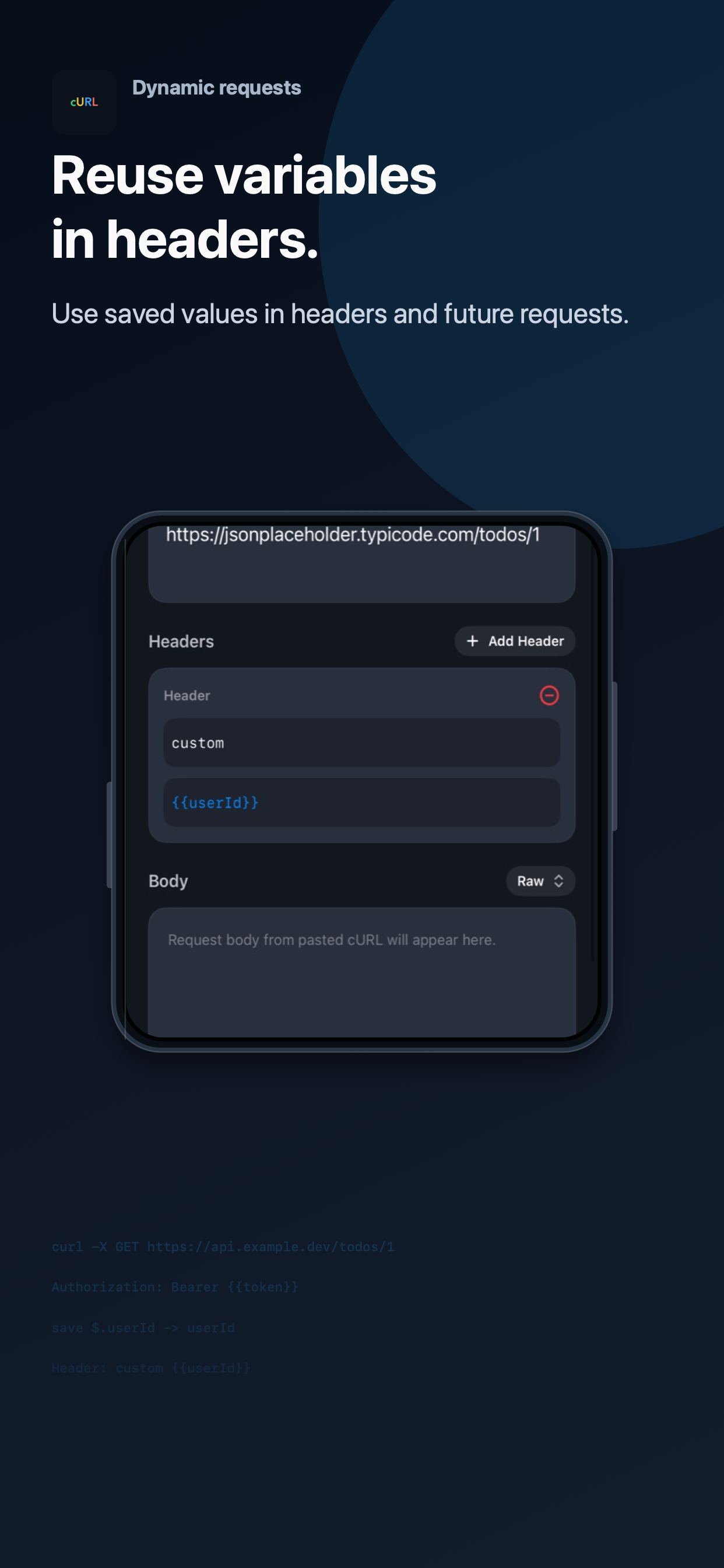 cURL Send header editor using a saved userId variable.